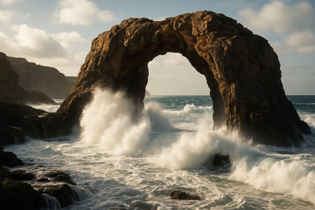 Dramatic seascape with ocean waves and rock arch at sunsetの素材