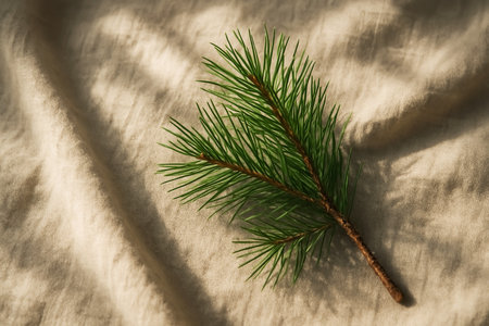 Spruce branch on the background of a white fabric. Christmas backgroundの素材
