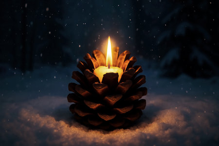 Burning candle in winter forest. Christmas or New Year background.の素材