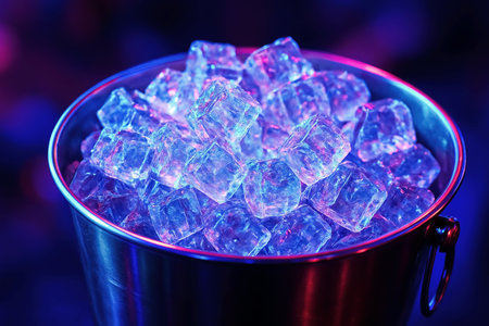 Ice cubes in a bucket on a dark background, close-upの素材
