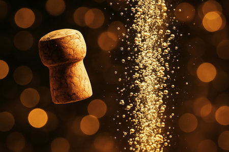 Champagne cork splash on bokeh background. Christmas and New Year conceptの素材