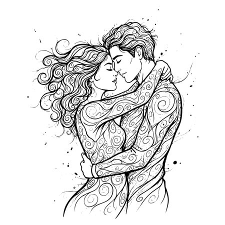 Romantic couple in love. Black and white vector illustration for coloring book.の素材