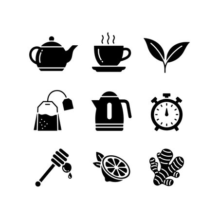 Tea and honey icon set. Black simple icons on white background. Vector illustration.の素材