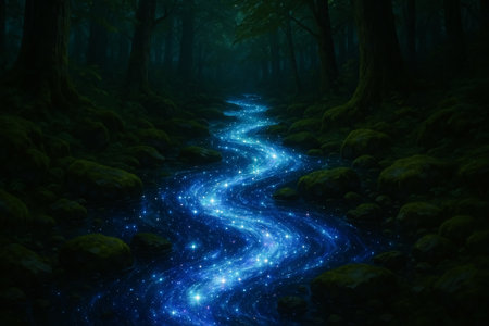Fantasy forest with blue light trail. 3D Rendering.の素材