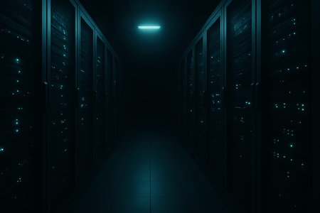Server room data center. Backup, mining, hosting, mainframe, farm and computer rack with storage information. 3d renderの素材
