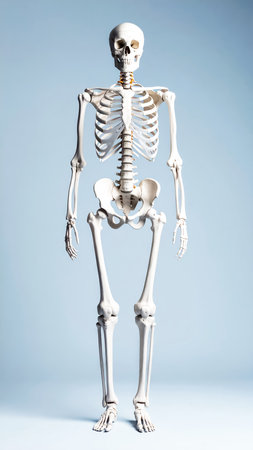 Human skeleton on blue background. 3D illustration. Human skeleton model.の素材