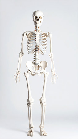 Human skeleton on white background. Anatomical model. Front view.の素材