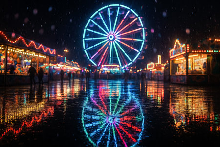 Amusement park at night with ferris wheel in motion blurの素材