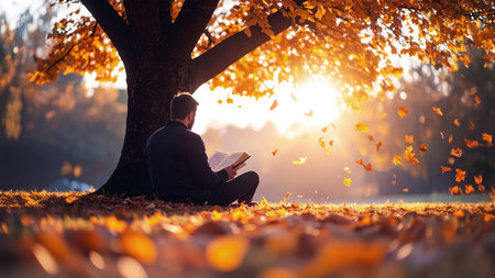 Young man reading a book under a tree in the autumn park.の素材