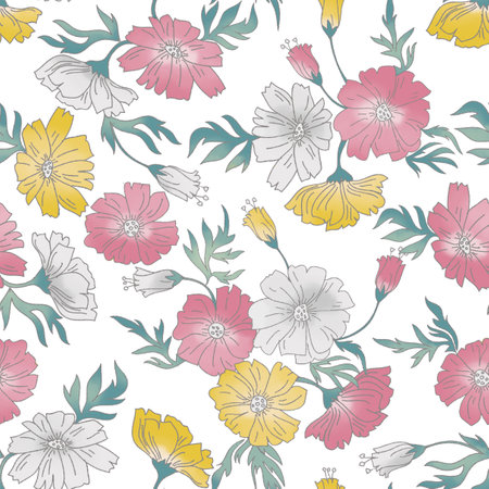 Seamless Abstract cosmos digital floral pattern with outlineの写真素材