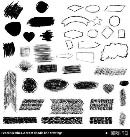 Pencil sketches.Hand drawn scribble shapes. A set of doodle line drawings.のイラスト素材