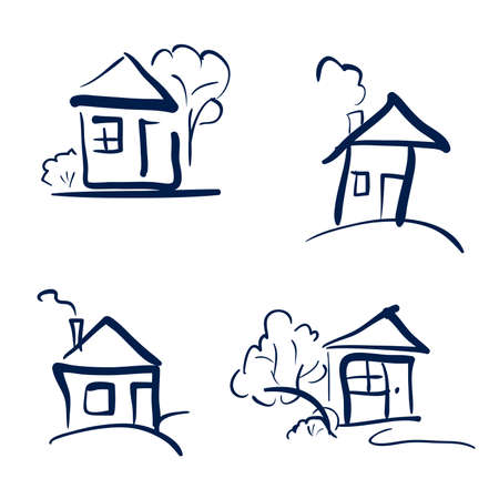 Doodle hand drawn houses. Pencil  sketch. Dark blue houses in white backgroundのイラスト素材