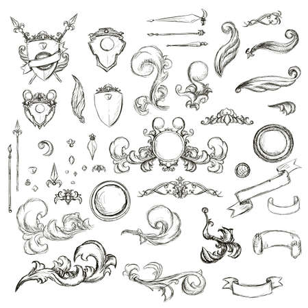 Vintage set decor elements for menu. Elegance old hand drawing set. Sketch ornate swirl leaves, label, acanthus elements, shield and decor elements . Sketch for writer, wedding or restaurant.のイラスト素材
