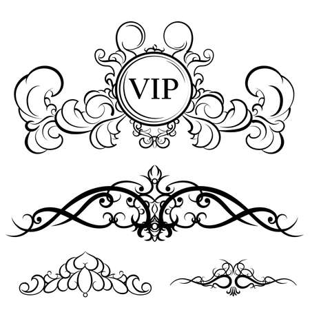 Vintage set decor elements for menu. Elegance old hand drawing set. Ornate swirl leaves, acanthus elements, decor elements . For writer, wedding or restaurant.のイラスト素材