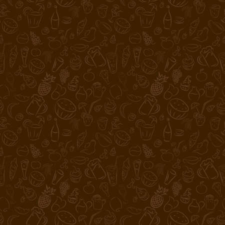 Texture seamless. Doodles cocktails and desserts, fruits,coffee,alcohol, bar, drink. Texture for bars, cafe or restaurant in sketch. Vector ice cream, juice, tea and beer. Light brown and dark brown colorのイラスト素材