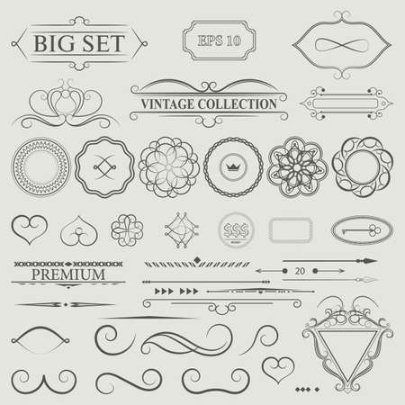 Vintage set decor elements. Elegance old hand drawing set. Outline ornate swirl leaves, acanthus, label, decor elements in vector. Big collection  borders for book, photo album or restaurant menu.のイラスト素材