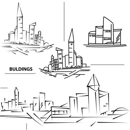Set buildings city's. Sketch houses and building. Minimalism contours in vector. Black and whiteのイラスト素材