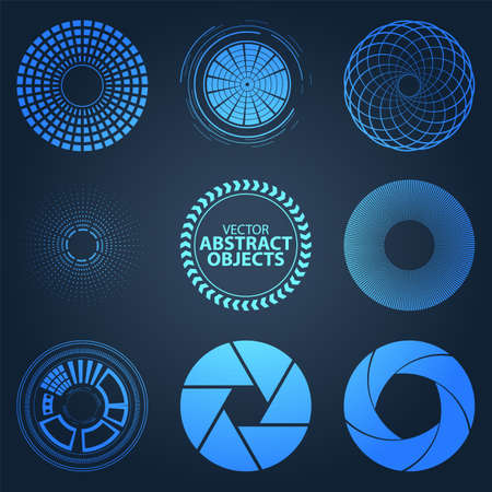 Set fractal and swirl shape element on blue background. Vintage monochrome different objects. Vector decorative sample. Light blue technology diaphragmsのイラスト素材