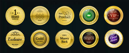 Collection gold labels for promo seals. Can be use for website, online-shop, design certificate. Quality stickers round. Vector retro objects with glassのイラスト素材