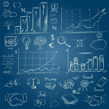 Sketch collection business elements in vector. Drawing freehand handshake, office symbols, money tree, arrows, simple frame, goal. Scribble and contour shading  like kids.のイラスト素材