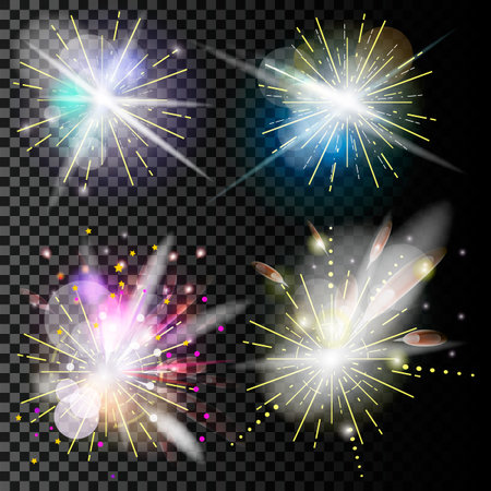 Light effects set. Vector magic effect with radial blur and bokeh. Collection fireworks for holidayのイラスト素材