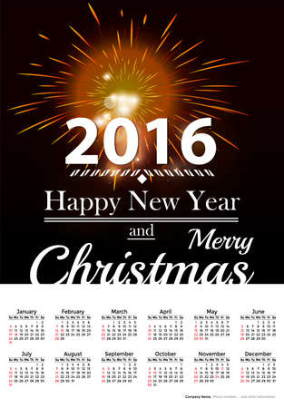 Calendar on dark red blur background. Happy new year. Template for christmas with fireworks and light. Holiday abstract background with bokeh.のイラスト素材