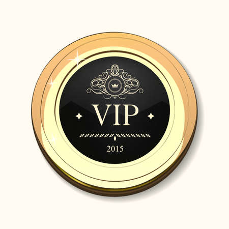 Glossy and gold label. Black stone in gold. Stone with different shades. Vector label with Vip text on dark white backgroundのイラスト素材
