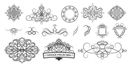 Set vintage borders, frame and rosette.  Decoration for logo, wedding album or restaurant menu. Ornate swirl leaves, label, curved lines and decor elements in vector.のイラスト素材