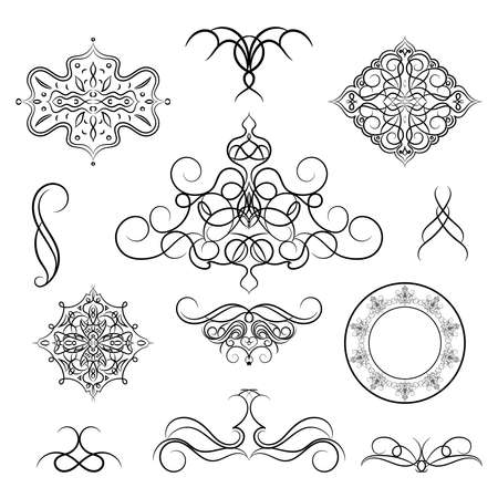 Set vintage borders, frame and rosette. Decoration for logo, wedding album or restaurant menu. Ornate swirl leaves, label, curved lines and decor elements in raster.の写真素材