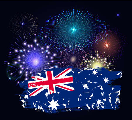 Australia day with flag. Colorful fireworks on black background. Night sky with stars and salute for australia day in vector. Blue, yellow and red fireworks and explosion.のイラスト素材