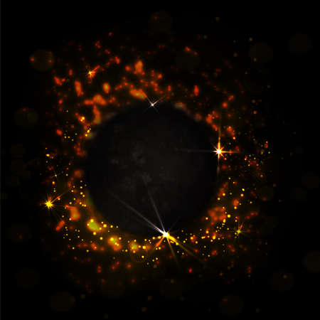 Abstract dark red background with fire and sparks. Power vector illustration with shine, stars and bokeh. Dark red space with black holeのイラスト素材