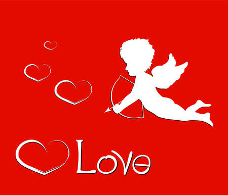 Happy valentines day. Lettering composition with love, cupid and heart on red background. Vector holiday  posterのイラスト素材