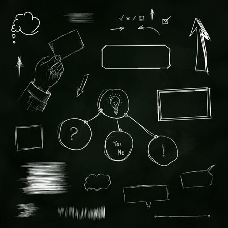 Set doodle shapes for message. Pencil sketches. Hand drawn scribble shapes and star. School blackboard texture with green shaddow in vector. Dark green background for messageのイラスト素材