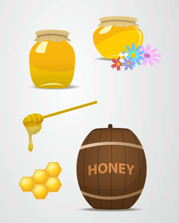 A set of barrels and cans apiary vector. Honey dripping from a spoon. Jar of honey and flowers, honeycombのイラスト素材