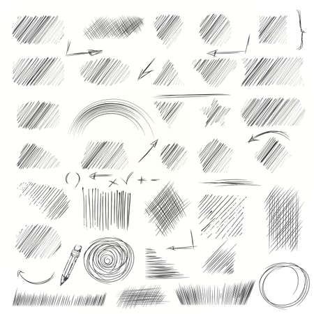 Hand drawn scribble shapes. A set of doodle line drawings. Pencil sketches. Vector design elements. Hatching with a pencil in vectorのイラスト素材