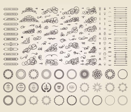 Vintage set exclusive borders and frame. Wicker lines and business vector decor elements. Luxury page decoration with genuine. Design element with original, brand, product, quality, vip. Calligraphicのイラスト素材