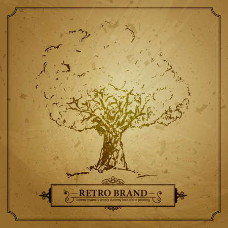 Vintage tree in sketch on the brown grunge background. retro illustration with text and decoration border. Silhouette growth tree on dirty paperのイラスト素材