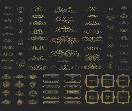 Vintage set exclusive borders and frame. Wicker lines and business vector decor elements. Luxury page decoration with genuine. Design element with original, brand, product, quality, vip. Calligraphicのイラスト素材