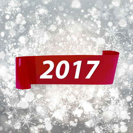 Red holiday ribbon on light blur, glitter background for new year. Shiny backdrop with lights, bokeh and label for christmasのイラスト素材