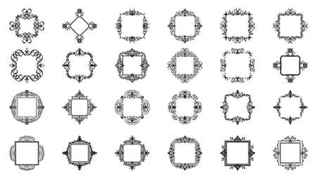 Vintage border and rosette for decoration text and pages. Vector collection old ornament and wicker for graphic design. Set Sign and symbol for retro style. Calligraphic design elements for logoのイラスト素材