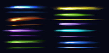 Neon colorful rays in horizontal position on dark background. Vector red, green, yellow, blue and purple motion lights lines. Abstract fluorescent elements with glow and shineのイラスト素材