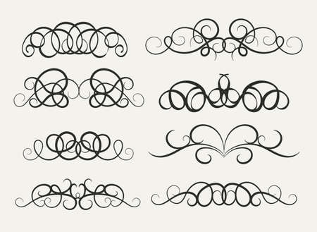 Vintage decor elements and wicker vector lines. Decoration of logos, page, wedding album, menu. Flourish set elegant contour. Classic ornamental motif. Calligraphic design elements. Medieval swirlのイラスト素材