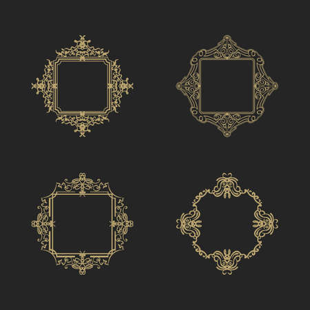 Rosette wicker border collection in vector. Yellow vintage text, certificate and page decoration in advertising. Business flourish signs for classic logo. Motifs frames and ornate elements.のイラスト素材