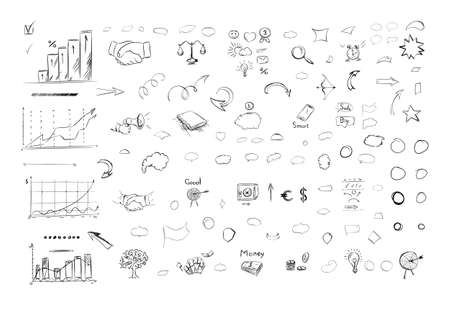Sketch of business elements in outline. Pencil drawing handshake, office symbols, money tree, arrows and  simple borders. Vector collection of signs and symbols for graphic designのイラスト素材
