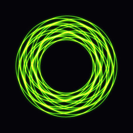 Abstract green neon shape, futuristic wavy fractal of star and circle sign. Vector square or decorative element. Cool geometric illustrationのイラスト素材