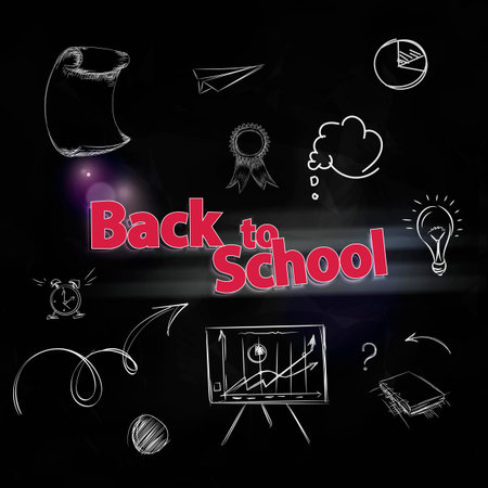 Back to school composition with doodle sumbolson dark chalkboard. Vector design template for...