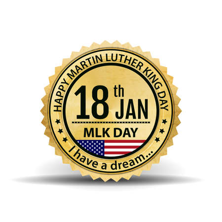 Martin Luther King day emblem. Vector label for MLK Day. Text on gold sticker with USA flag. Gold shape with reflection and shine on white background.のイラスト素材