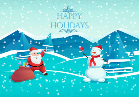 Happy New Year. Santa Claus and Snowman on a winter background with a Christmas tree and gifts. Festive illustration in vector for Christmas or new yearのイラスト素材