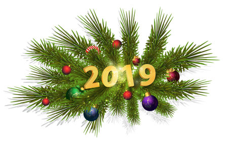 Christmas tree branch with colorful balls