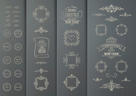 A set of vintage frames and patterned weave for decorating text blocks. Decorative elements on gray cardboard for decoration of title in vector. Wicker lines and business text blocksのイラスト素材